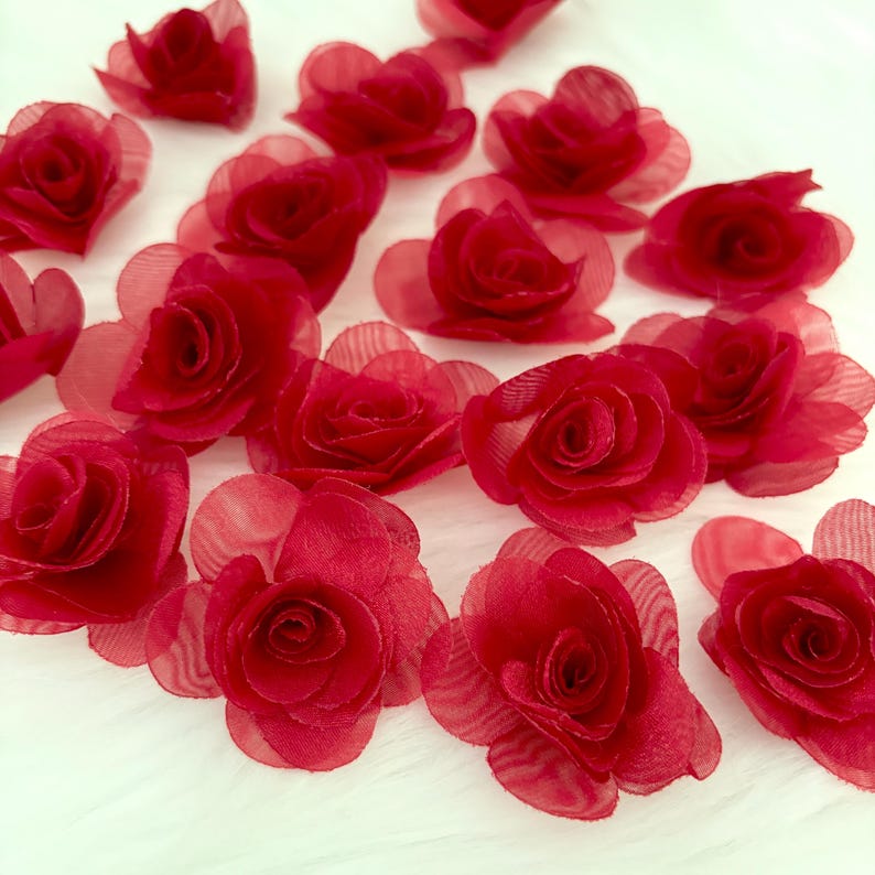 Dark Red Organza Roses 45mm, 3D Red Fabric Roses, Applique Rose Lingerie Making Millinery Rose, Red Rose Heads, Sew on Roses for Costumes image 3