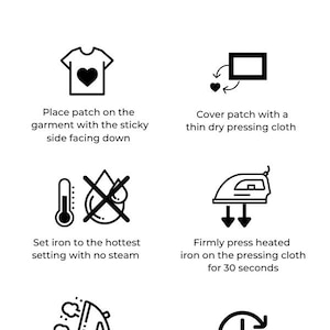 May include: Black and white graphic with iron-on application instructions. Text includes steps for applying a patch to clothing: placing the patch, covering with cloth, ironing, cooling, and washing.