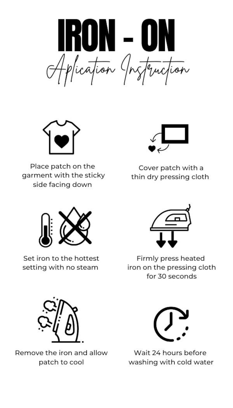May include: Black and white graphic with iron-on application instructions. Text includes steps for applying a patch to clothing: placing the patch, covering with cloth, ironing, cooling, and washing.