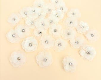 White Rhinestone Flowers 12pcs, Organza Layers Small Sewing Pearl Flowers Pastel, Costume Making Sew on Floral Applique 3D Bridal Dress