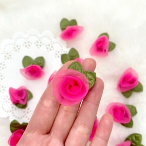 Hot Pink Chiffon Roses with Leaf 1&quot;, Pink Fabric Rose, Soft Sheer Flowers for Sewing Costume Applique, DIY Headband Supply, Floral Decor