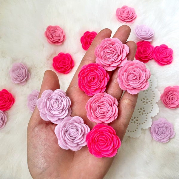 Pink Mix Felt Roses, Wool Felt Flowers 3D Dimensional Fabric Flowe, Mini Felt Posies, Assorted Craft Flowers,Baby Pink,Hot Pink Flower