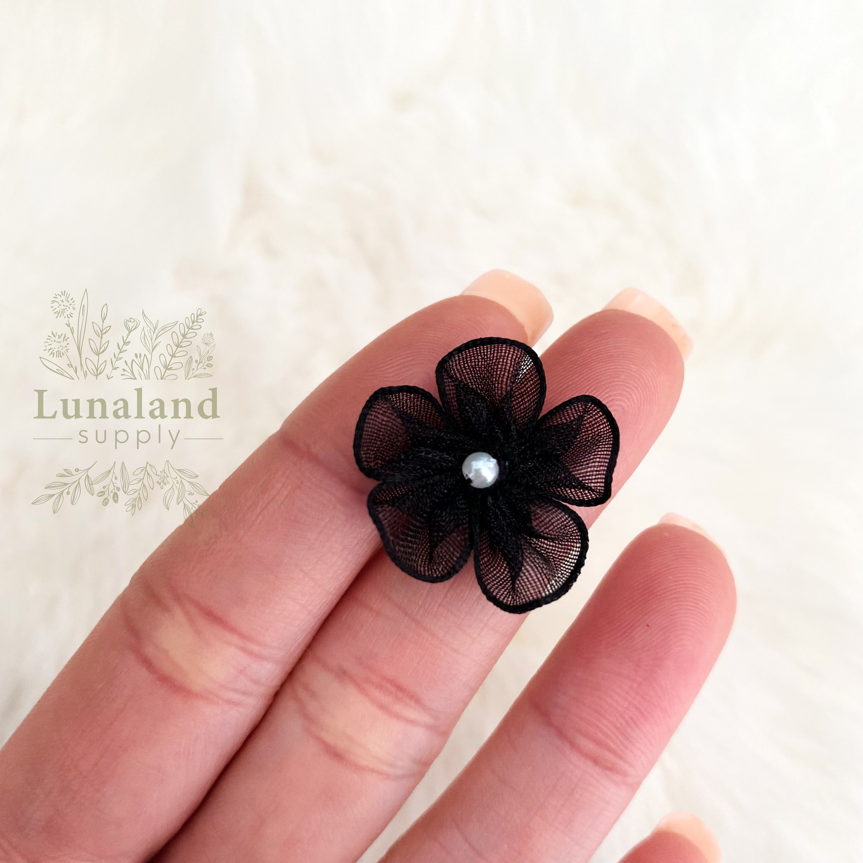 Small Black Pearl Flowers 20mm, Chiffon Flowers, Sewing Applique
