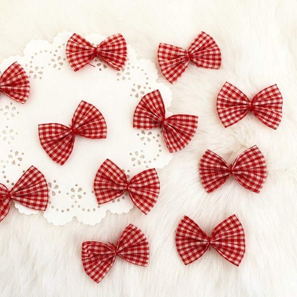 10 Red Gingham Bows, Red Plaid Bows,Linen Ribbon Bows, Checkered Ribbon Bows, Sewing Bows, Doll Making, Costume Applique, Red Fabric Bows