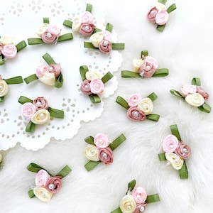 Pastel Trio Roses 10pcs, Mini Rose Bouquet, Rose Cluster, Trio Roses, Wedding Favor Roses, Pearl Flower Applique, Ribbon Roses