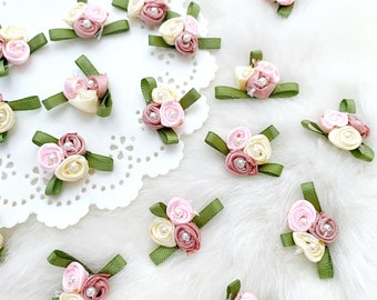 Pastel Trio Roses 10pcs, Mini Rose Bouquet, Rose Cluster, Trio Roses, Wedding Favor Roses, Pearl Flower Applique, Ribbon Roses