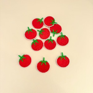 Pode incluir: Uma cole&ccedil;&atilde;o de patches de tomate vermelhos com caules verdes e bordas brancas. Os patches bordados est&atilde;o espalhados sobre uma superf&iacute;cie bege clara. Os tomates s&atilde;o de cor vermelha brilhante.