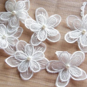 White Five Petals Lace Pearl Flowers, Embroidered Lace, Small 3D Floral Motif Applique, White Lace Trim, Bridal Lace Wedding Dress Sew on image 2