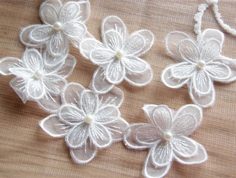 White Five Petals Lace Pearl Flowers, Embroidered Lace, Small 3D Floral Motif Applique, White Lace Trim, Bridal Lace Wedding Dress Sew on image 2