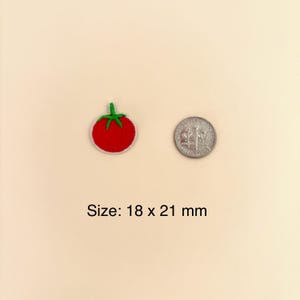 Pode incluir: Remendo de tomate bordado com corpo vermelho, caule verde e borda branca. O remendo mede 1,8 x 2,1 cm. Uma moeda est&aacute; ao lado do remendo. O texto "Size: 18 x 21 mm" est&aacute; abaixo.