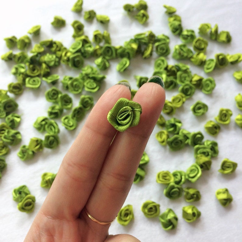 Light Olive Green Roses 25-50 pcs, Mini Rose Heads, Satin Rose Buds, Crafting Pieces, Sewing Supply, Card Making, Wedding Craft, Green image 2