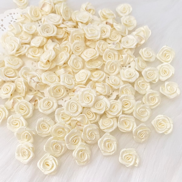 Ivory Roses with Leaves 15mm, Off White Roses, Mini Satin Rose Buds, Cream Ribbon Roses, Ivory Flowers, Wedding Floral Supply, Millinery