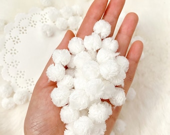 White Tiny Pom Poms 15mm Tulle Pom pom Balls, White Soft Mini Pompom Round Miniature Applique, Handmade Pompom Tulle Ribbon Doll Making