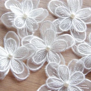 White Five Petals Lace Pearl Flowers, Embroidered Lace, Small 3D Floral Motif Applique, White Lace Trim, Bridal Lace Wedding Dress Sew on image 4