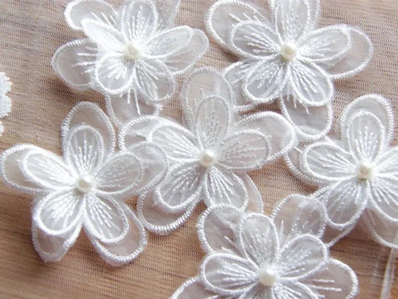 White Five Petals Lace Pearl Flowers, Embroidered Lace, Small 3D Floral Motif Applique, White Lace Trim, Bridal Lace Wedding Dress Sew on image 4