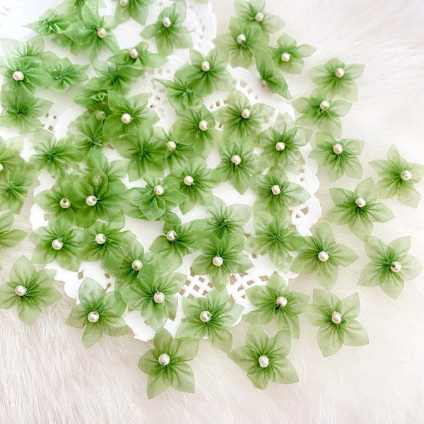 Tiny Green Bead Flowers 15mm, Small Organza Flowers, Pearl Flowers, Mini Flower for Craft, Sewing Supplies, Miniature Decor,Doll Making