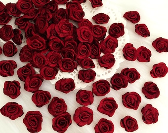 Wine Red Satin Roses 15mm LIMITED Deep Red Fabric Roses Mini Flower Applique, Wedding Rose Decor Card Making Sewing,Small Red Rosettes