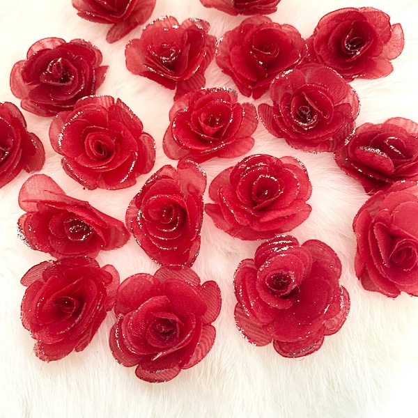 Small Dark Red Glitter Roses 1.5inch, Fabric Red Rose, Wedding Decor Flowers, 3D Applique Rose Flowers Sewing Card Making, Burgundy Roses