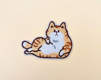 Chubby Tabby Cat 1pc- Lazy Cat Iron on Patch, Cool Funny Cat Patch, Animal Pet Cat Applique Motif Patches for Clothes Jacket, Orange Cat