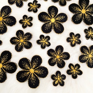 Black and Gold Iron On Cherry Blossom 3 sizes, Flowers Embroidery Applique, Small Floral Patch, Threaded Flowers,Sakura Flowers Embellish