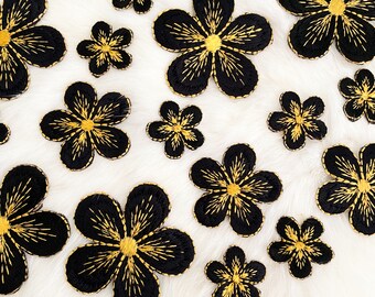 Hierro negro y dorado sobre flor de cerezo 3 tamaños, apliques de bordado de flores, parche floral pequeño, flores roscadas, adorno de flores de Sakura