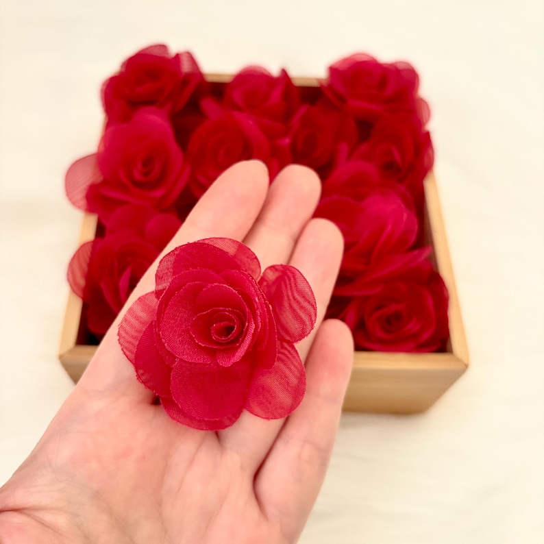 Dark Red Organza Roses 45mm, 3D Red Fabric Roses, Applique Rose Lingerie Making Millinery Rose, Red Rose Heads, Sew on Roses for Costumes image 5