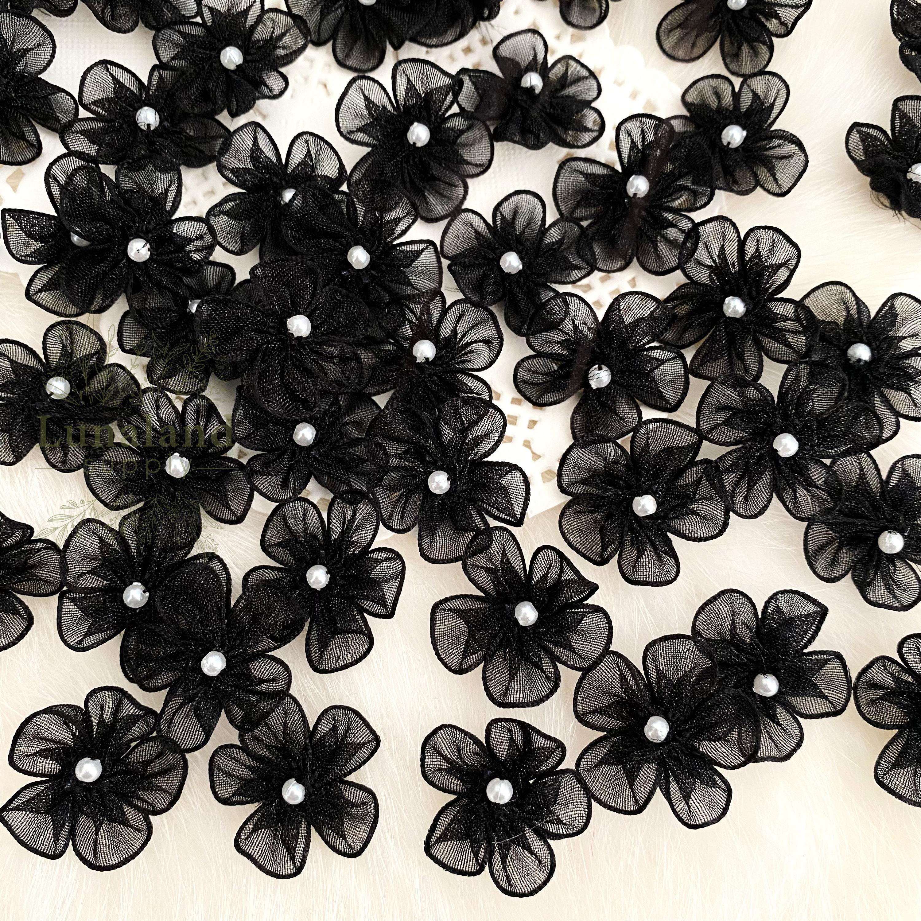 Small Black Pearl Flowers 20mm, Chiffon Flowers, Sewing Applique