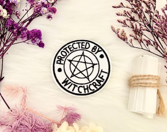 Protected by Witchcraft Patch Iron on 1pc- Pentagram Logo Badge, Gothic Witch Wizard Patch, Black and White Round Embroidered Patch Sew on