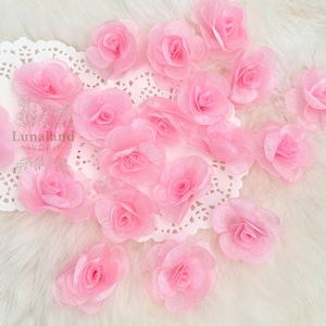 Roze organzarozen 30 mm, kleine stofrozen, ambachtelijke bruiloftkaarten maken roze stoffen bloemen naaien kostuums bruidsjurk maken