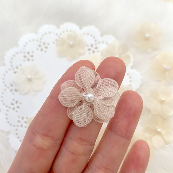 Beige Cherry Blossom, Ivory Organza Flowers, Beaded Fabric Flowers, Craft Supply, Favor Decoration, Doll Making, Millinery, Sew on Appliqué
