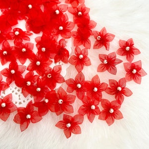 Tiny Red Organza Flowers 15mm,Small Bead Flowers, Tiny Fabric Flowers, Mini Red Flowers, Sewing Supply, Small Craft Flowers, Red Organza