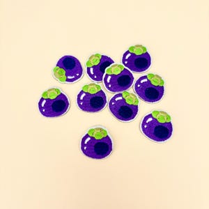 May include: A collection of embroidered patches shaped like purple mangosteens with green and white accents. The patches are arranged on a light beige background. Each patch features a dark purple center and a white outline.