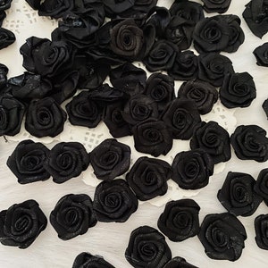 Black Satin Roses 20mm, Black Fabric Roses, Small Ribbon Roses Applique Sewing Flowers, Party Decor Craft Roses Small Black Rose
