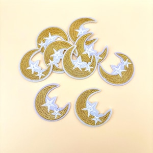 Crescent Moon and Stars Patch Iron On 1pc- Celestial Moon Patch Astrology Night Patch Eid Gifts Jeans Hat Badge Small Sew on Gold Applique