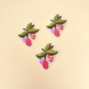 May include: Three embroidered patches featuring a cluster of berries. Each patch has green leaves, purple and pink berries, and a white border. The patches are arranged on a light beige background.