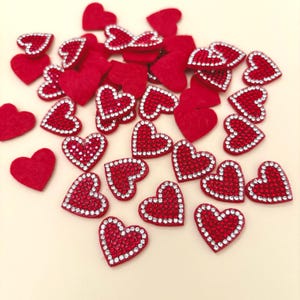 Small Red Rhinestone Heart Appliques 10pcs, Diamond Patch, Mini Heart Patches, Wedding Valentine Applique, Sequin Heart Shaped Flat Patches
