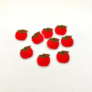 May include: A collection of nine embroidered patches shaped like red tomatoes with green stems. Each patch features dense red thread stitching for the fruit body and dark green thread for the stem detail, all arranged in a scattered pattern.