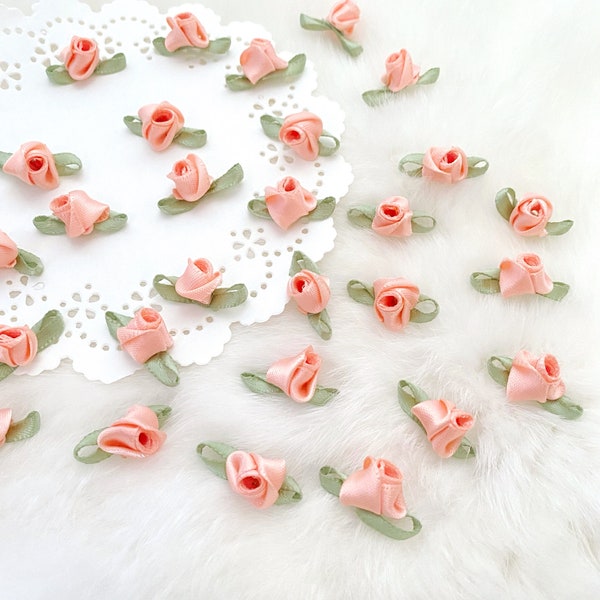 Coral Pink Rosebuds 20mm, Apricot Blush Satin Roses, Mini Fabric Flowers for Crafts Sewing Applique Doll Making,Card Making, Wedding Decor