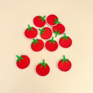 May include: A collection of red tomato patches with green stems and white borders. These embroidered patches are round and feature a detailed design, perfect for adding to clothing or accessories. The patches are arranged on a light beige background.