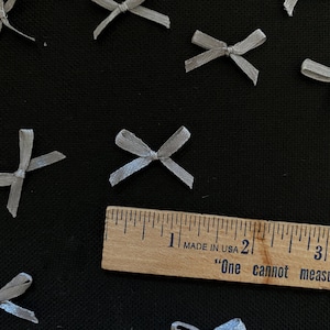 Puede incluir: Primer plano de una regla que mide 7,6 cm con el texto "Made in USA" y "One cannot measure" impreso en ella. La regla est&aacute; sobre una superficie negra con varios lazos de sat&eacute;n plateado esparcidos a su alrededor.