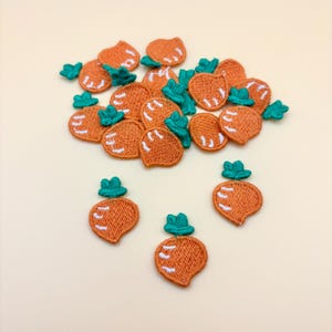 May include: A collection of orange carrot-shaped embroidered patches with green leafy tops. The patches have white stitching details and are scattered on a light beige surface. These patches are ideal for sewing or crafting projects.