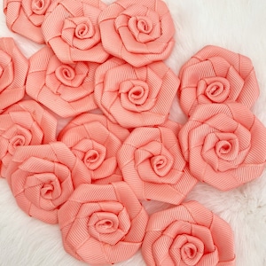 Coral Pink Grosgrain Roses 2&quot;, Large Fabric Flowers, Handmade Craft Flower, Rolled Ribbon Flowers, Sewing Appliqué,Costume Dress Making