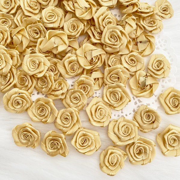 Gold Satin Roses (L) 3/4 inch, Gold Ribbon Roses,Metallic Gold Roses, Small Fabric Roses, Wedding Decor Card Making Craft Flowers