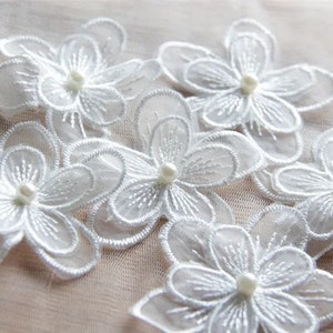 White Five Petals Lace Pearl Flowers, Embroidered Lace, Small 3D Floral Motif Applique, White Lace Trim, Bridal Lace Wedding Dress Sew on image 3