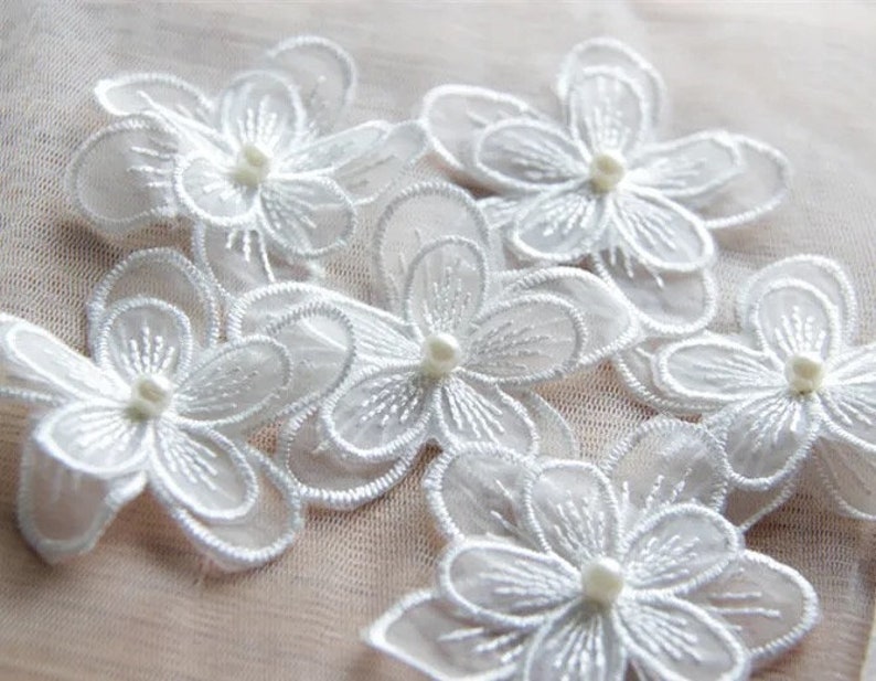 White Five Petals Lace Pearl Flowers, Embroidered Lace, Small 3D Floral Motif Applique, White Lace Trim, Bridal Lace Wedding Dress Sew on image 3