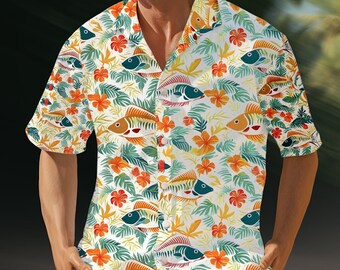 Camisa hawaiana para hombre. "Del mar a la calle". Luce un estilo hipster con un diseño de rayón con peces tropicales.
