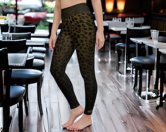 Leggings de yoga: elegancia atlética, patrón de leopardo, talle alto, degradado de color negro a café. Longitud del tobillo, elastano elástico y poliéster.