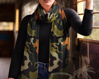 Bufanda larga "Olivia" con diseño de camuflaje, 100 % seda, 40,6 x 183,8 cm y 25,4 x 114,5 cm. ¡Un look chic para ella o para él! ¡Un regalo ideal! Diseño de Ricky D.