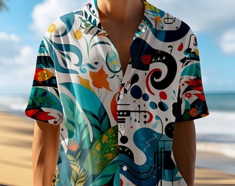 Camisa hawaiana para hombre. "El sueño de un hipster". Camisa de rayón llamativa y brillante con un toque tropical y musical.