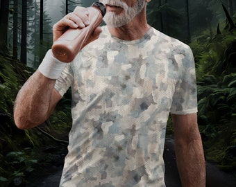 Camiseta de hombre. Camuflaje elástico, cómoda, ideal para aventuras, secado rápido, mezcla de polielastano, color beige/crema desteñido, estampado hexagonal y encanto vintage.